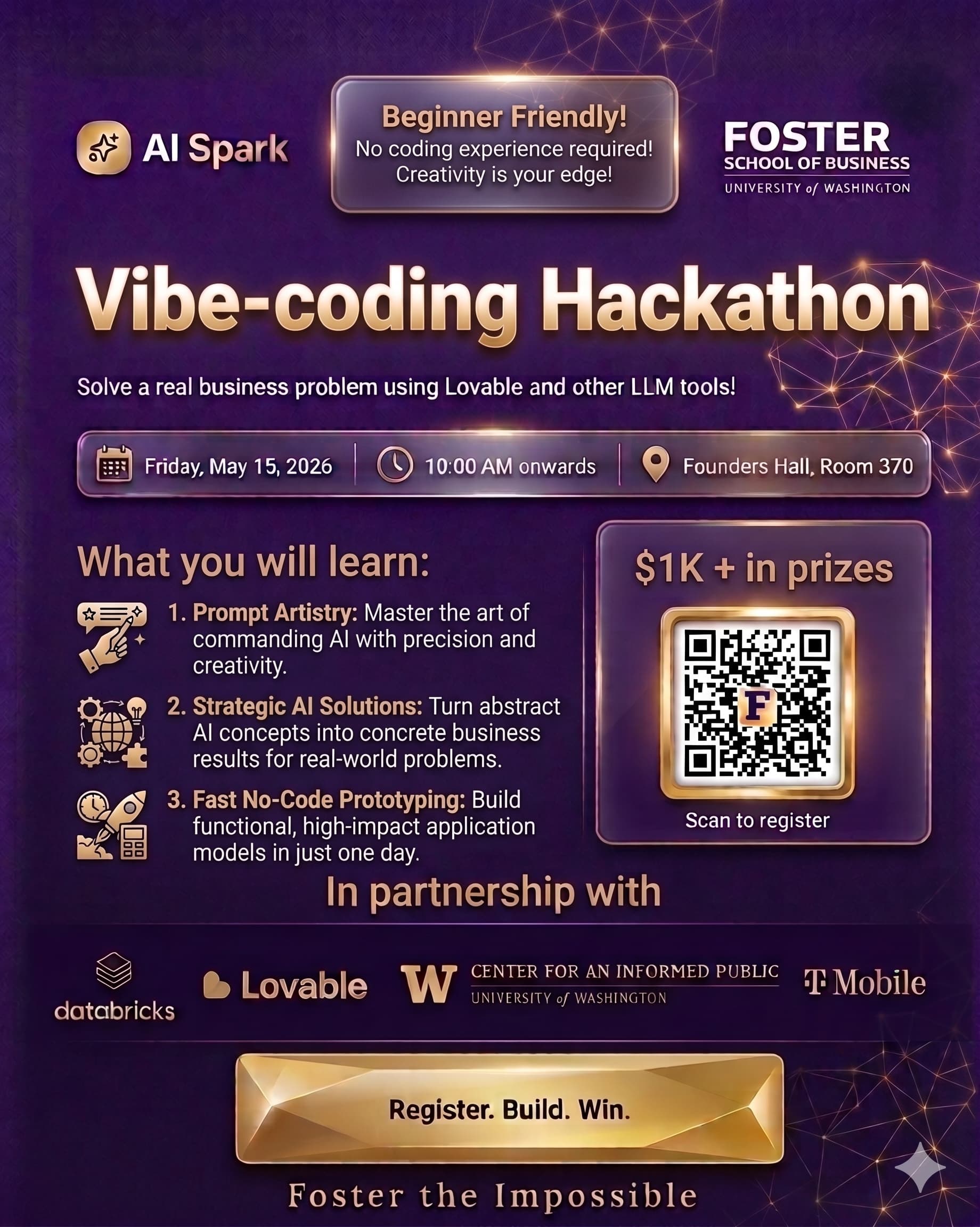 AI Spark vibe-coding hackathon flyer: May 15, 2026, Founders Hall Room 370; beginner-friendly, no coding experience required, and over $1,000 in prizes.