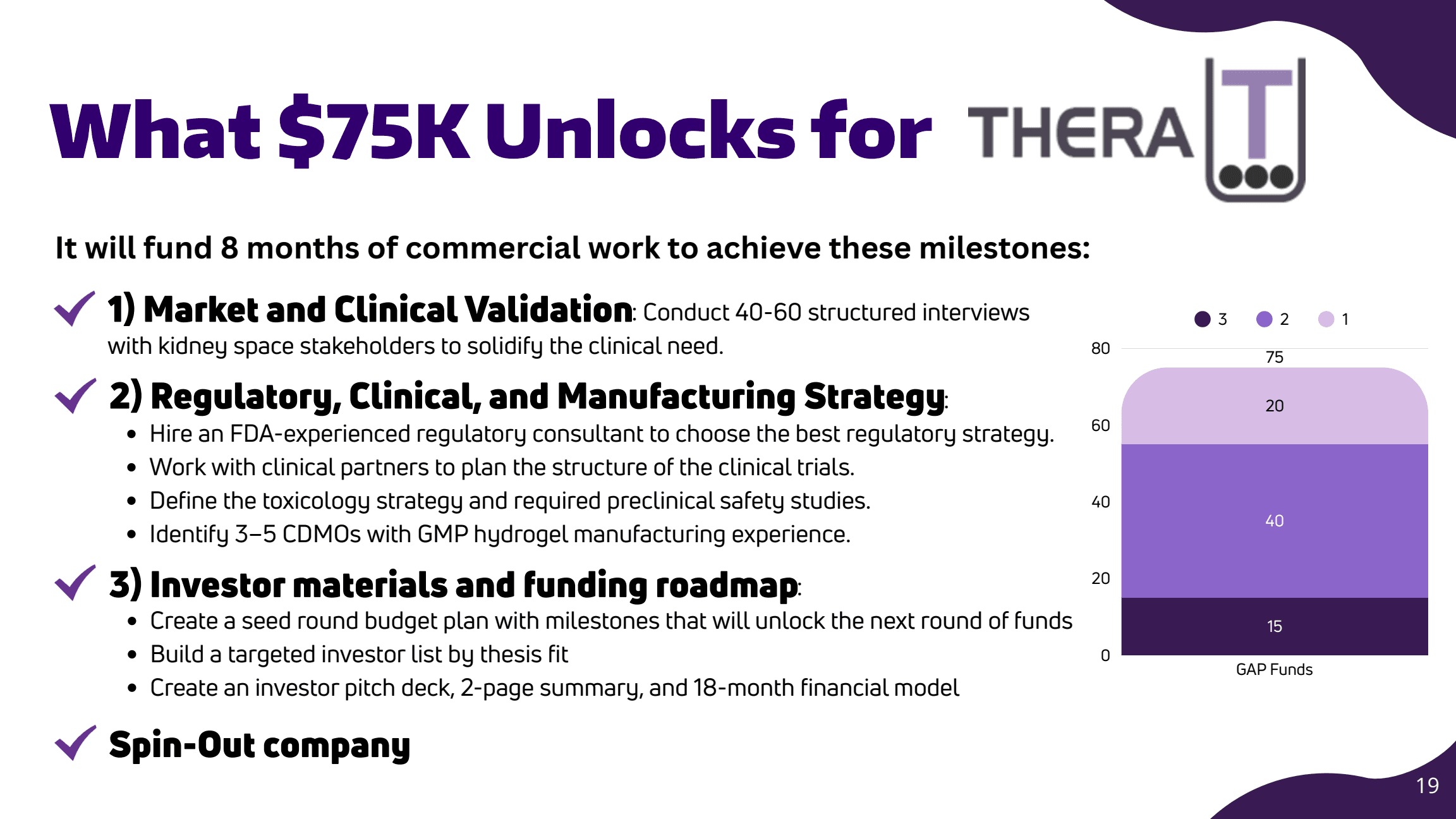 TheraT pitch slide 19: Proposed GAP Fund milestones.