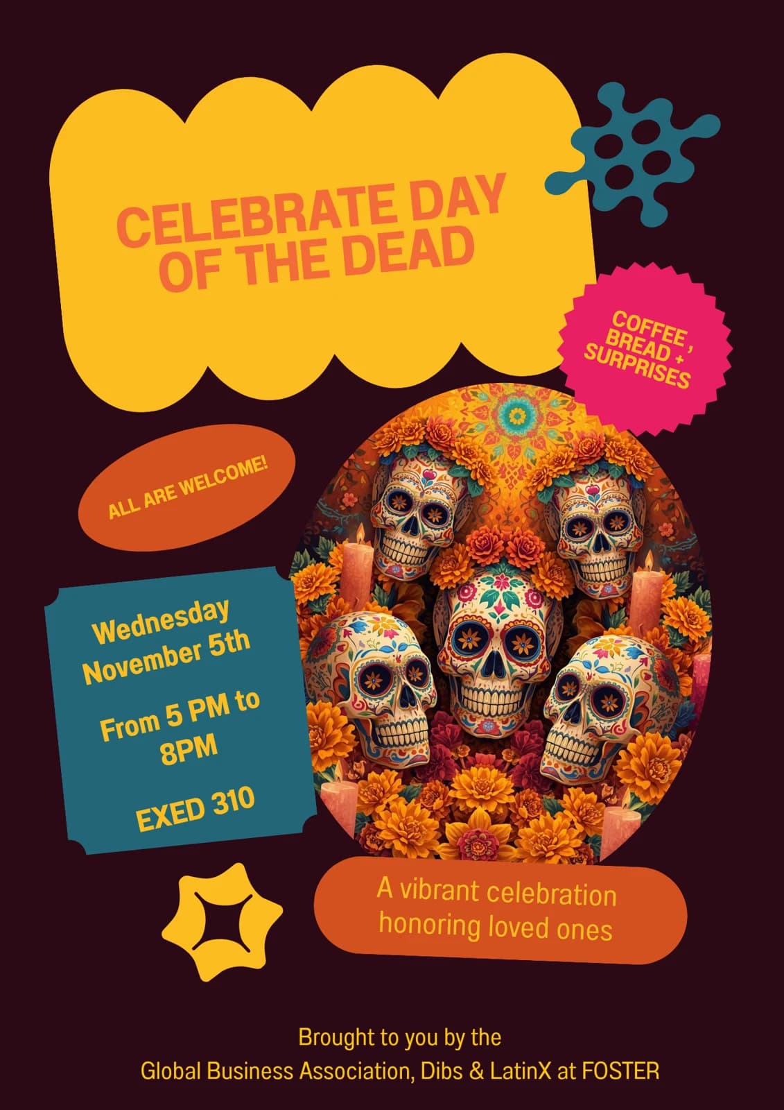 Día de los Muertos flyer with decorated skulls and an invitation to a November 5 celebration.