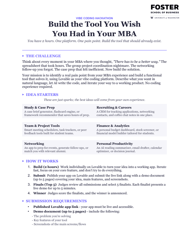 MBA vibe-coding challenge: build a tool you wish you had in your MBA, with idea starters and demo requirements.