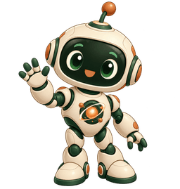 A friendly ivory and forest-green robot mascot waving, with an orange orbit-shaped core.