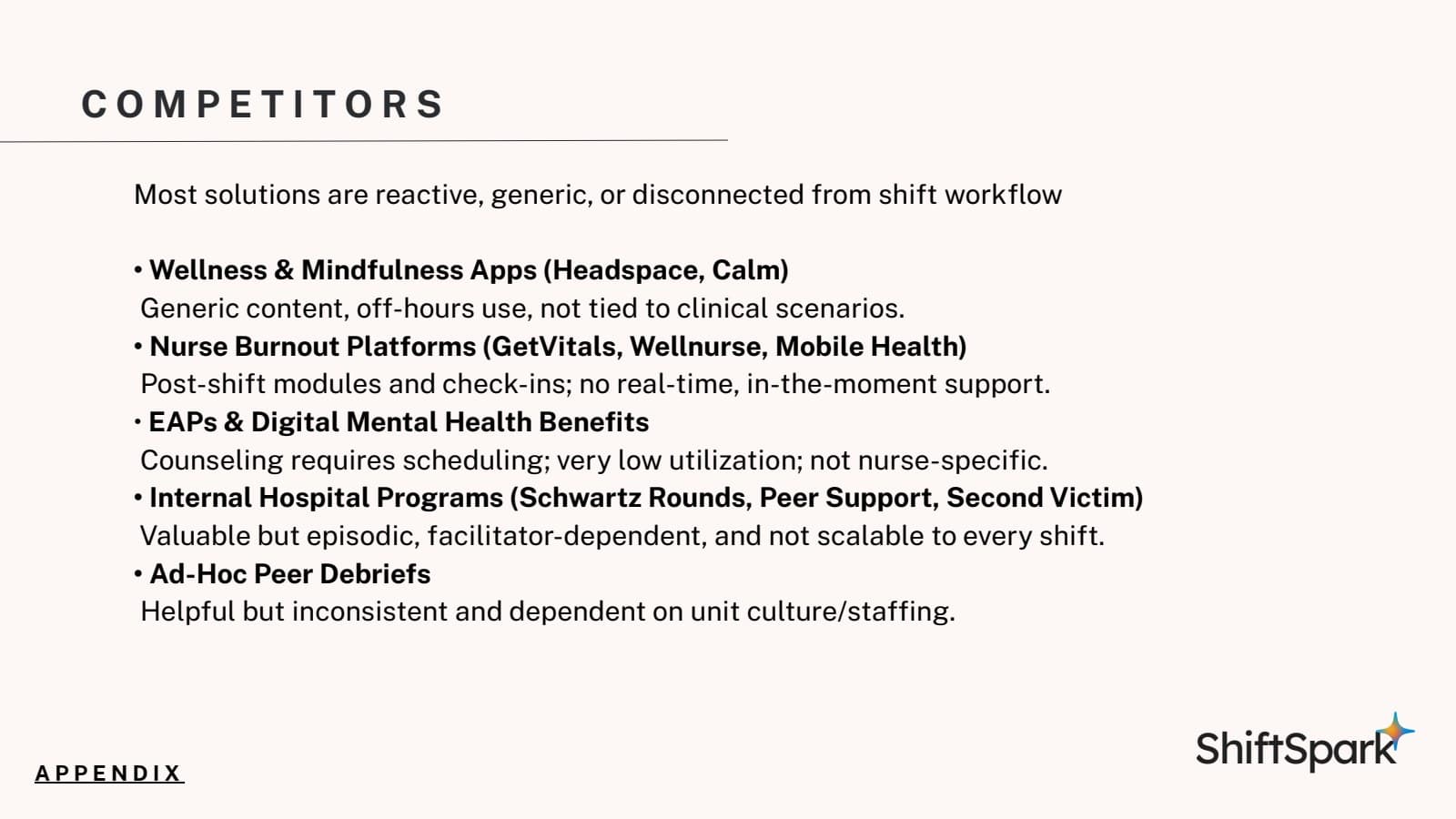 ShiftSpark pitch slide 6: Alternatives considered by the team.