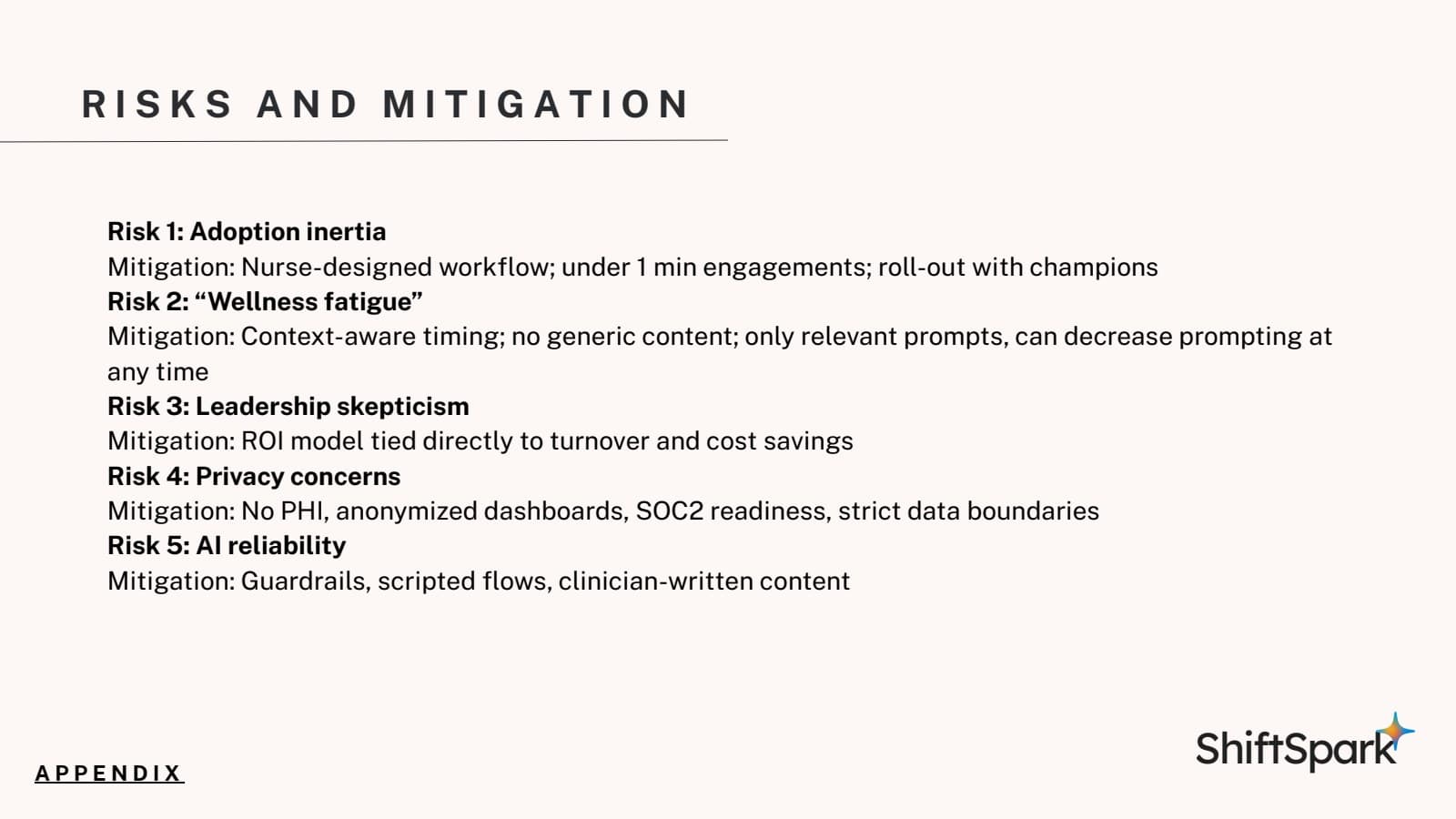 ShiftSpark pitch slide 13: Adoption and privacy risks.